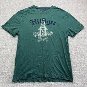 Vintage Y2K Tommy Hilfiger Men's XL Embroidered T Shirt Green Goth Logo Punk